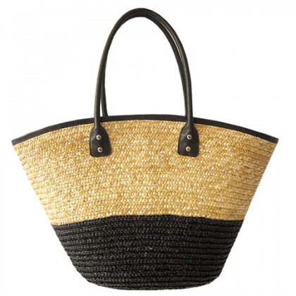 Straw Tote – 12 PCS Woven Wheat 2-tone w/ PU Leather Handles - Black - BG-R11050BK